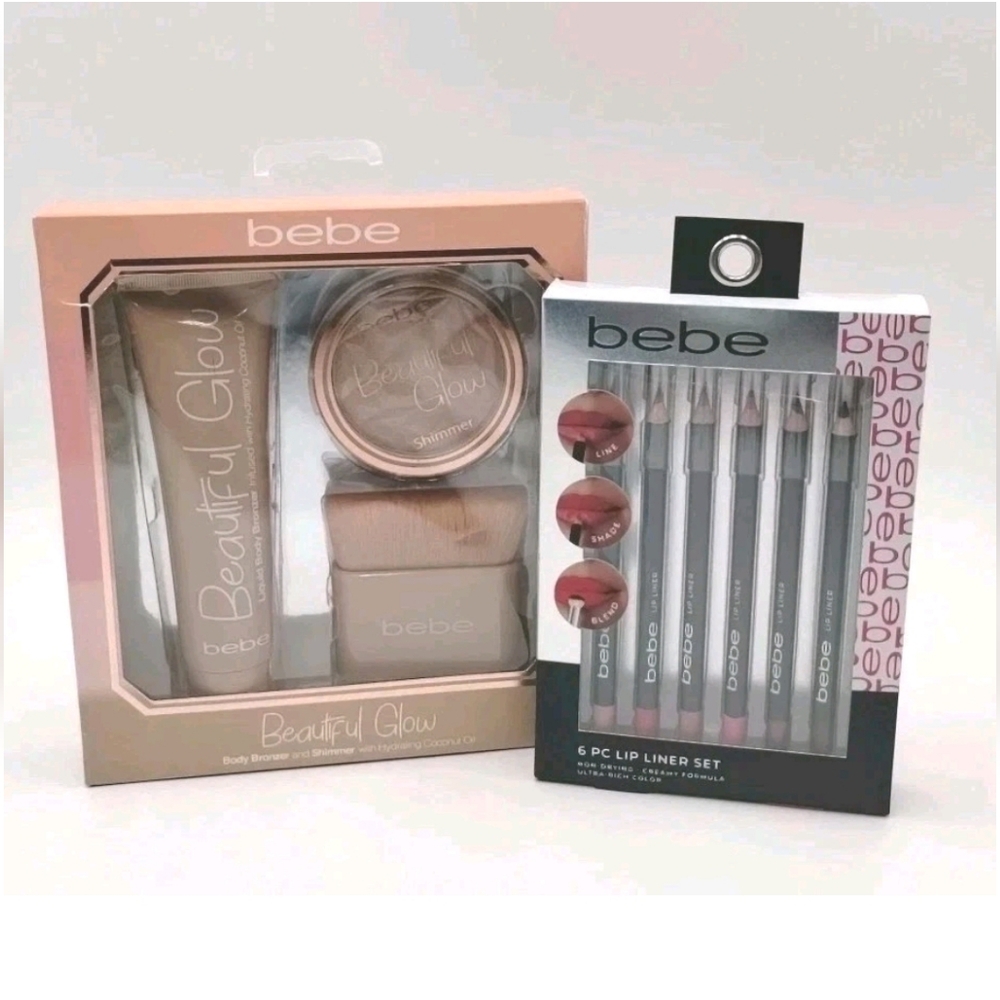 Bebe Bundle Bronzer/ Shimmer W/Brush Coconut Oil & 6 Piece Lip Liner Set. NIB